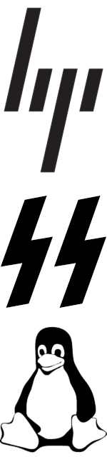 Het nieuwe Hewlett-Packard logo (boven.) Daar gaat een Linux-sticker overheen (onder)